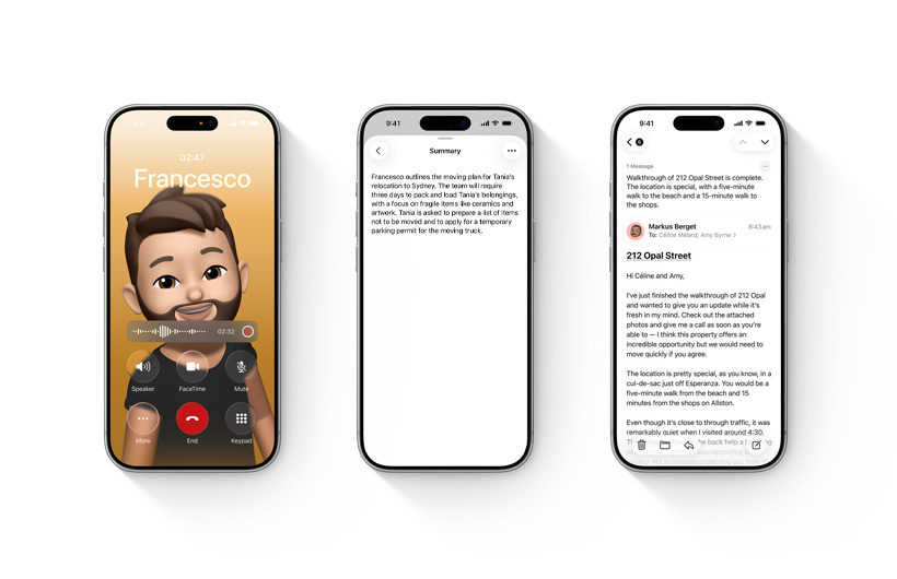 Three iPhone devices showing Apple Intelligence: voicemail summary, record and summarise notes and calls, and summarise email