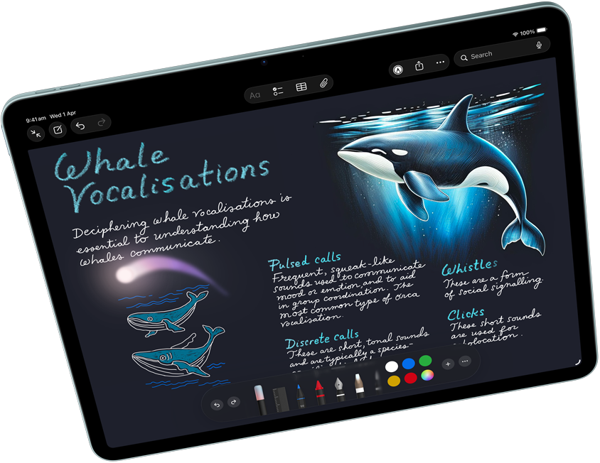 Landscape view of iPad Air showcasing Apple Intelligence with Image Wand in Notes, Apple Pencil Pro