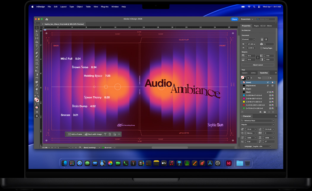 Na obrazovce MacBooku Pro probíhá navrhování obalu na vinyl v Adobe InDesignu