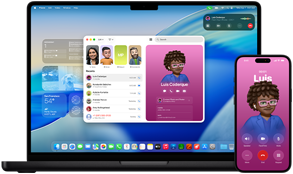 MacBook Pro ja iPhone 16 Plus, rakendus Phone on avatud, sama kontakti kuvatakse mõlemal ekraanil