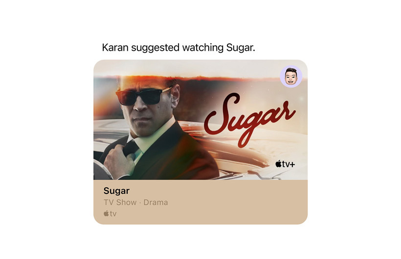 Notificação na app Apple TV+ a lembrar de que um contacto partilhou consigo a recomendação de uma série