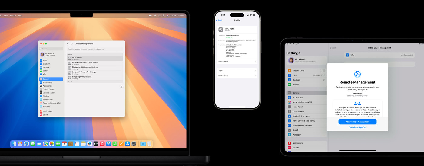 Drei Apple Geräte sind zu sehen. Auf der linken Seite zeigt ein Mac Computer ein Fenster mit der Geräteverwaltung. In der Mitte zeigt ein iPhone die Profileinstellungen für die Mobile Geräteverwaltung (MDM). Auf der rechten Seite zeigt ein iPad ein Fenster mit der Remoteverwaltung.