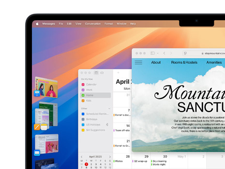 Mehrere Fenster und Apps, die mit Stage Manager auf einem Bildschirm angezeigt werden, darunter Keynote, Pages, Mail und eine Website.