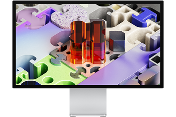 Vorderseite des Studio Display XDR mit einem dreidimensionalen, puzzleähnlichen Hintergrundbild