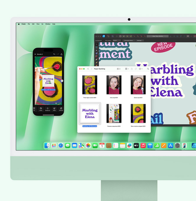 Ein iMac in Grün. Die iPhone Synchronisierung wird gerade verwendet. Eine Datei wird vom iMac auf den Bildschirm des gespiegelten iPhone gezogen