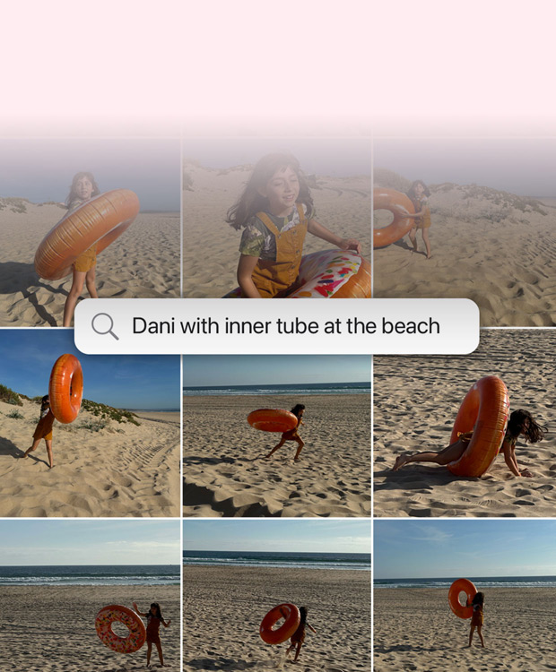 Demonstração de funcionalidade: pesquisa por linguagem natural para fotografias. Resultados de pesquisa na app Fotografias da seguinte frase: "Katie com autocolantes no rosto"