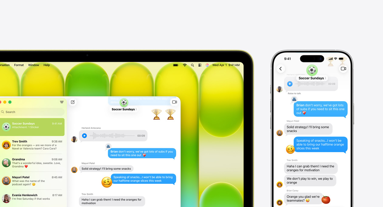 MacBook Neo, color cítrico, muestra un chat de grupo en la app Mensajes junto a otros mensajes recientes, al lado hay un iPhone que muestra el mismo chat de grupo