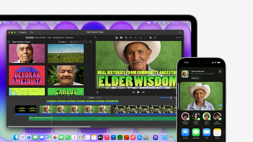 MacBook Neo, color plata, muestra un proyecto en una ventana de iMovie, al lado hay un iPhone que muestra el vídeo de una de las personas que aparece en la ventana de iMovie, debajo del vídeo hay una lista de opciones de compartir, incluyendo AirDrop