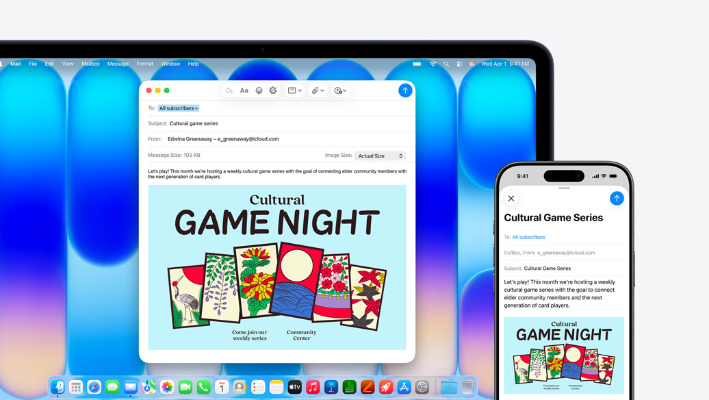 MacBook Neo, color índigo, al lado de un iPhone, ambas pantallas muestran el mismo email, anunciando un evento en un centro comunitario