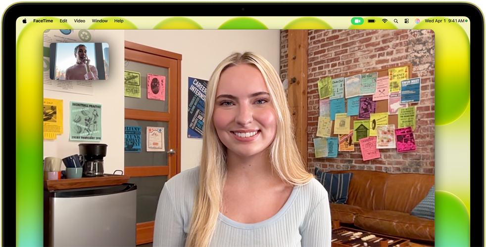 MacBook Neo, color cítrico, cámara situada encima de la pantalla, videollamada FaceTime en pantalla