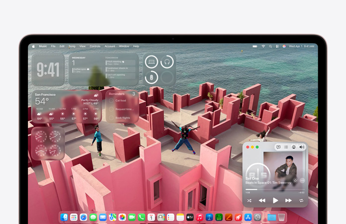 Pantalla de un MacBook Neo con un fondo de escritorio de una azotea junto al mar y varios widgets como Música, Calendario, Tiempo y Recordatorios