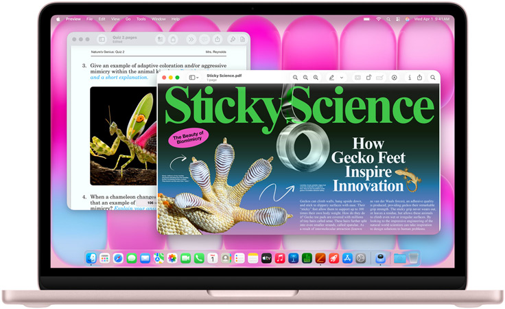 MacBook Neo, color rosa nube, la pantalla muestra un artículo sobre la biomimética y un ejercicio con preguntas sobre un tema similar