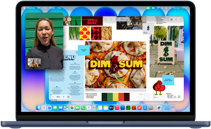 MacBook Neo, color índigo, videollamada en curso, ventana de Freeform con un menú, fotografía de comida e ilustraciones de un restaurante de dim sum