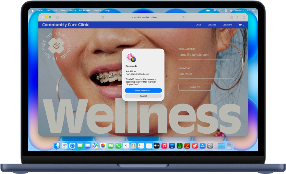 MacBook Neo, color índigo, Safari pide que se inicie sesión con Touch ID o contraseña en un sitio web