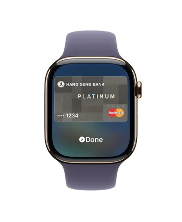 Apple Watch Series 11, gold color, titanium case, Apple Pay, right side exterior, Digital Crown, purple fog Sport Band