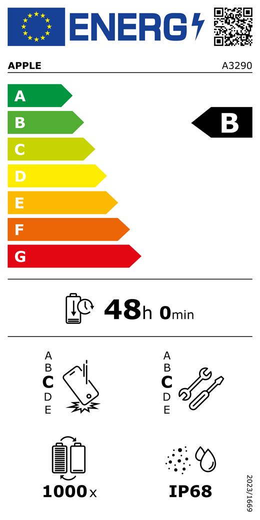 Európai Uniós energiacímke, QR-kód és információ, A3290-es Apple-modell, B osztályú, energiahatékonysági osztályok (A-tól G-ig terjedő besorolás), A (leghatékonyabb), G (legkevésbé hatékony), akkumulátor élettartama ciklusonként, 48 óra és 0 perc teljesen feltöltött akkumulátor esetében, megbízhatóság ismételt leejtés esetében: C osztály, A-tól (legstrapabíróbb) E-ig (legkevésbé strapabíró) terjedő besorolás, C osztályú javíthatóság, A-tól (leginkább javítható) E-ig (legkevésbé javítható) terjedő besorolás, akkumulátor élettartama 1000 működési ciklusban, IP68-as por- és vízállósági besorolás, 2023/1669-es rendelet