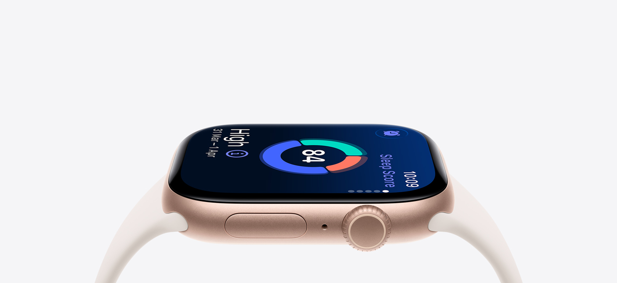 Apple Watch Series 11, rose gold colour, aluminium case, sleep score, right side exterior, Digital Crown, microphone, side button, starlight Sport Strap