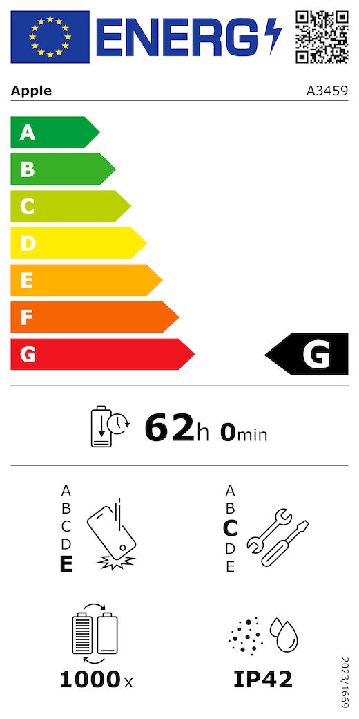 ES energomarķējuma QR kods un informācija, Apple modelis A3459, G klase, energoefektivitātes klases (skalā no A līdz G), no A (visefektīvākā) līdz G (visneefektīvākā), akumulatora izturība vienā ciklā, 62 stundas un 0 minūtes ar pilnībā uzlādētu akumulatoru, vairākkārtējas kritienizturības klase: E, no A (visizturīgākā) līdz E (visneizturīgākā), remontējamības klase: C, no A (visremontējamākā) līdz E (visneremontējamākā), akumulatora cikliskā izturība: 1000, korpusa aizsargātības pret putekļiem un ūdeni pakāpe (IP) IP42, Regula 2023/1669