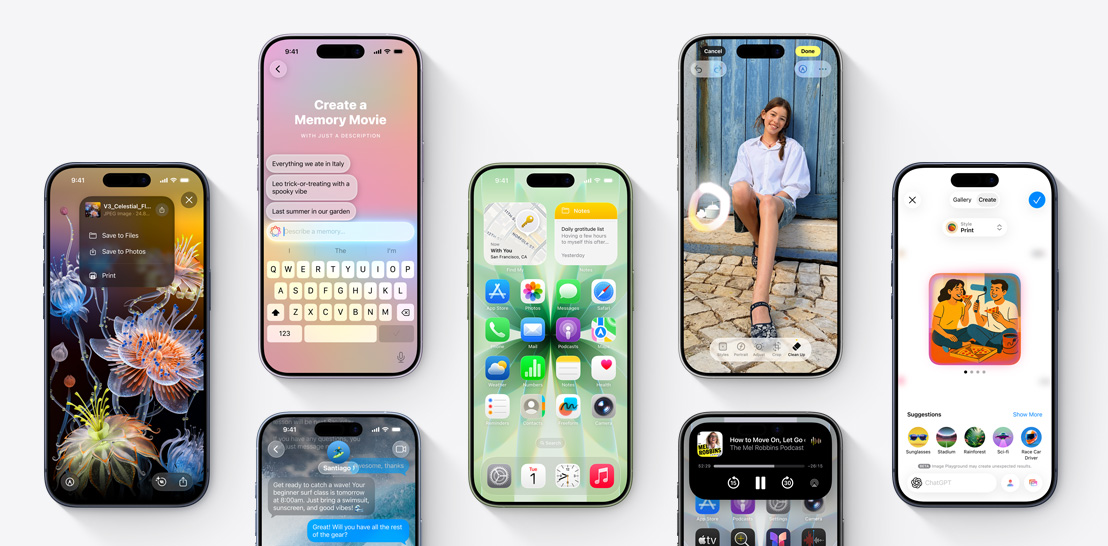Dažādas iPhone 17 un 17 Pro ierīces ar atšķirīgiem ekrāniem, kuros tiek parādītas iOS 26 un Apple Intelligence funkcijas