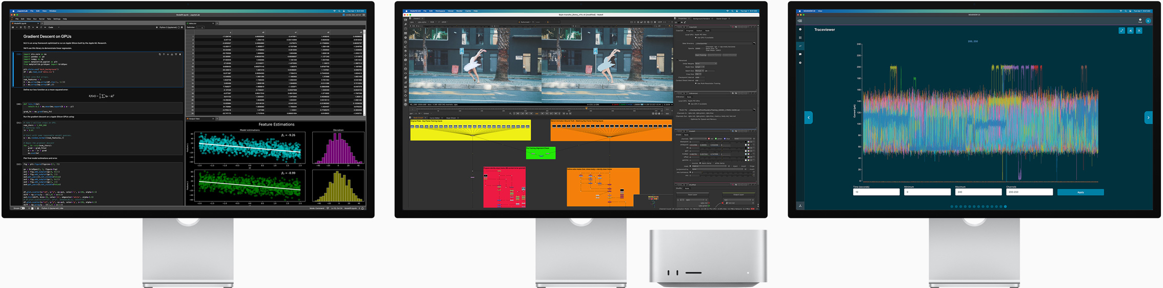 Mac Studio un trīs Studio Display ekrāni, katrā redzamas dažādas macOS aplikācijas