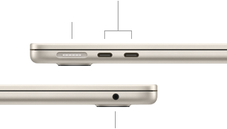 MacBook Air, aizvērts, kreisā puse, redzams MagSafe un divi Thunderbolt porti, labā puse, redzama austiņu ligzda