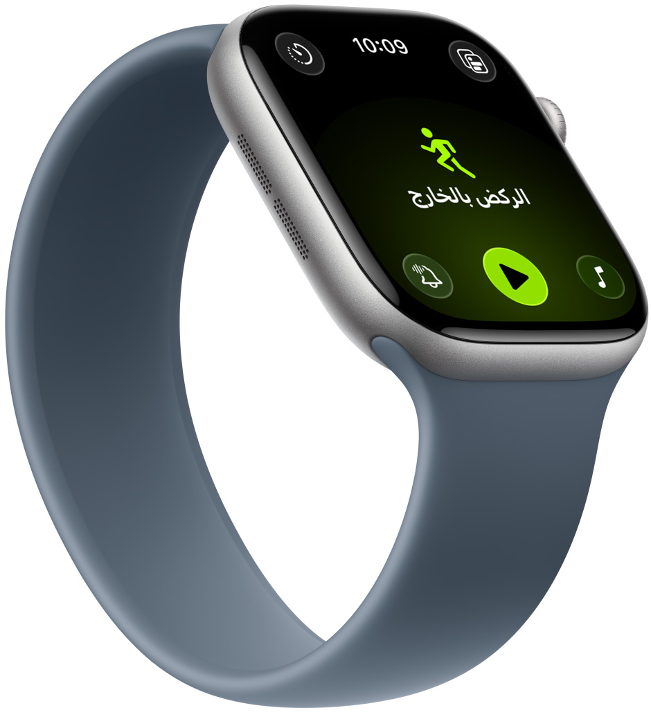 Apple Watch Series 11، لون أسود لامع مصقول، إطار ألومنيوم، تطبيق التمارين: الركض في الخارج، التزلج في الخارج، الحزام، حزام Loop أحادي بلون أزرق حديدي