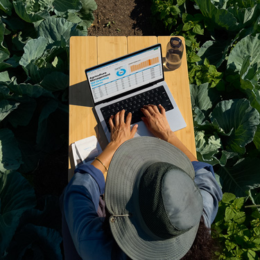 Birdseye view of a woman in a widebrim hat working on a business presentation on a MacBook, sitting at a table in a garden.