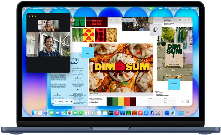靛藍色 MacBook&nbsp;Neo，螢幕顯示視像通話進行中、帶有選單的 Freeform 視窗、食物照，以及點心餐廳插圖