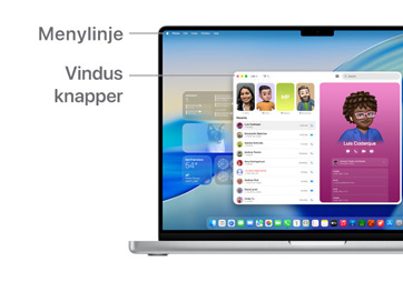 Visning av navigering i macOS på en MacBook, ved hjelp av menylinjen øverst på skjermen og Dock.