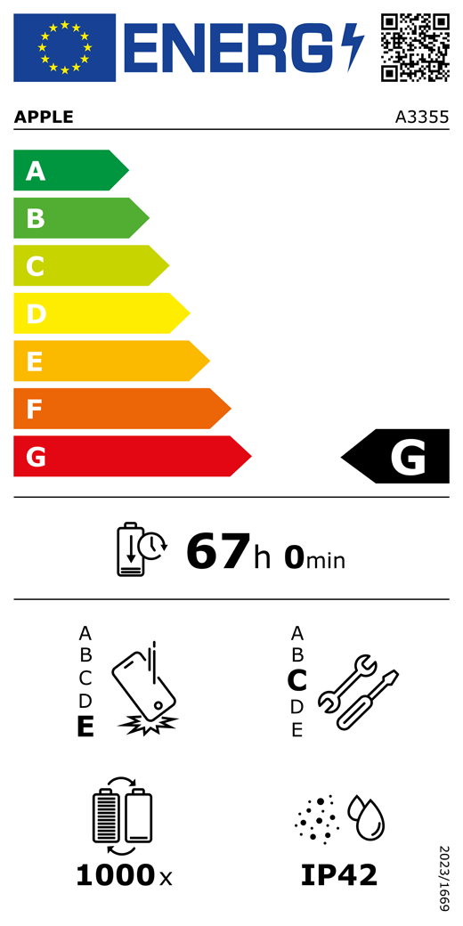 Cod QR și informații privind Eticheta energetică UE, model Apple A3355, clasa G, clase de eficiență energetică (cu o scară de la A la G), de la A (eficiență maximă) la G (eficiență minimă), anduranța bateriei pentru fiecare ciclu, 67 ore și 0 minute pe încărcare completă a bateriei, fiabilitate la căderi libere repetate clasa E, de la A (robustețe maximă) la E (robustețe minimă), potențial de reparare clasa C, de la A (potențial de reparare maxim) la E (potențial de reparare minim), anduranța bateriei în cicluri 1000, protecție împotriva pătrunderii prafului și a apei (IP) cu clasificare IP42, regulament 2023/1669