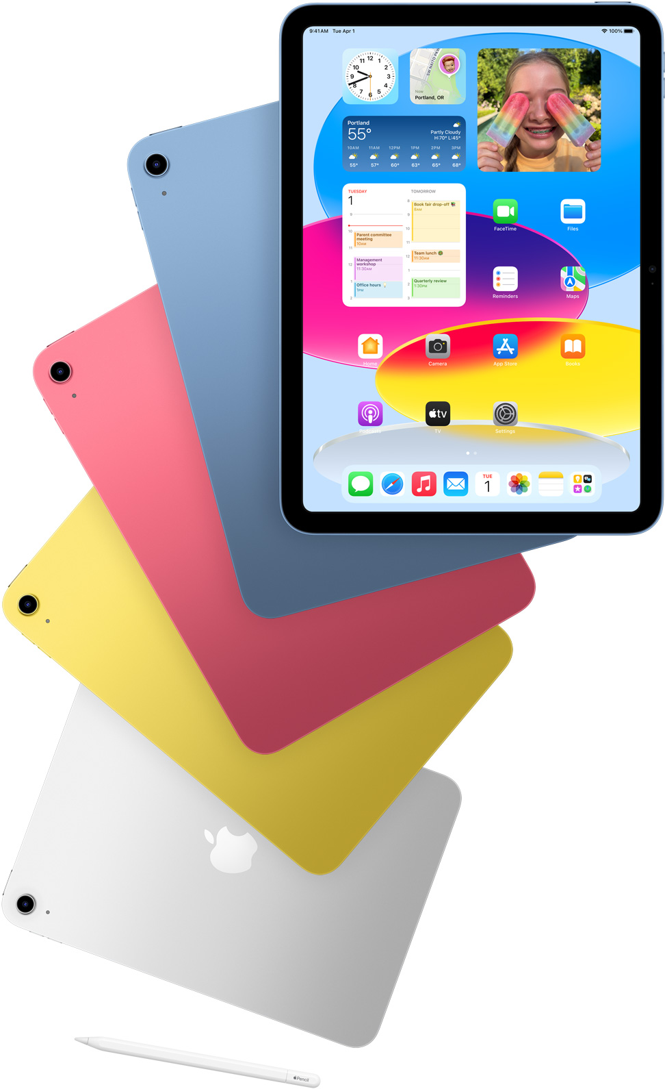 Vedere din față a unui iPad, prezentând ecranul de pornire cu iPad-uri dispuse cu spatele, în culorile Albastru, Roz, Galben și Argintiu. Lângă modelele iPad aranjate se află un Apple Pencil.
