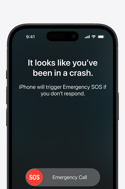 Alăturate, un ecran iPhone arătând widget-urile Mesaje, Găsire, Asistență rutieră, disponibile prin satelit, ecran iPhone arătând S.O.S. urgențe în utilizare, ecran iPhone arătând Asistență rutieră în utilizare