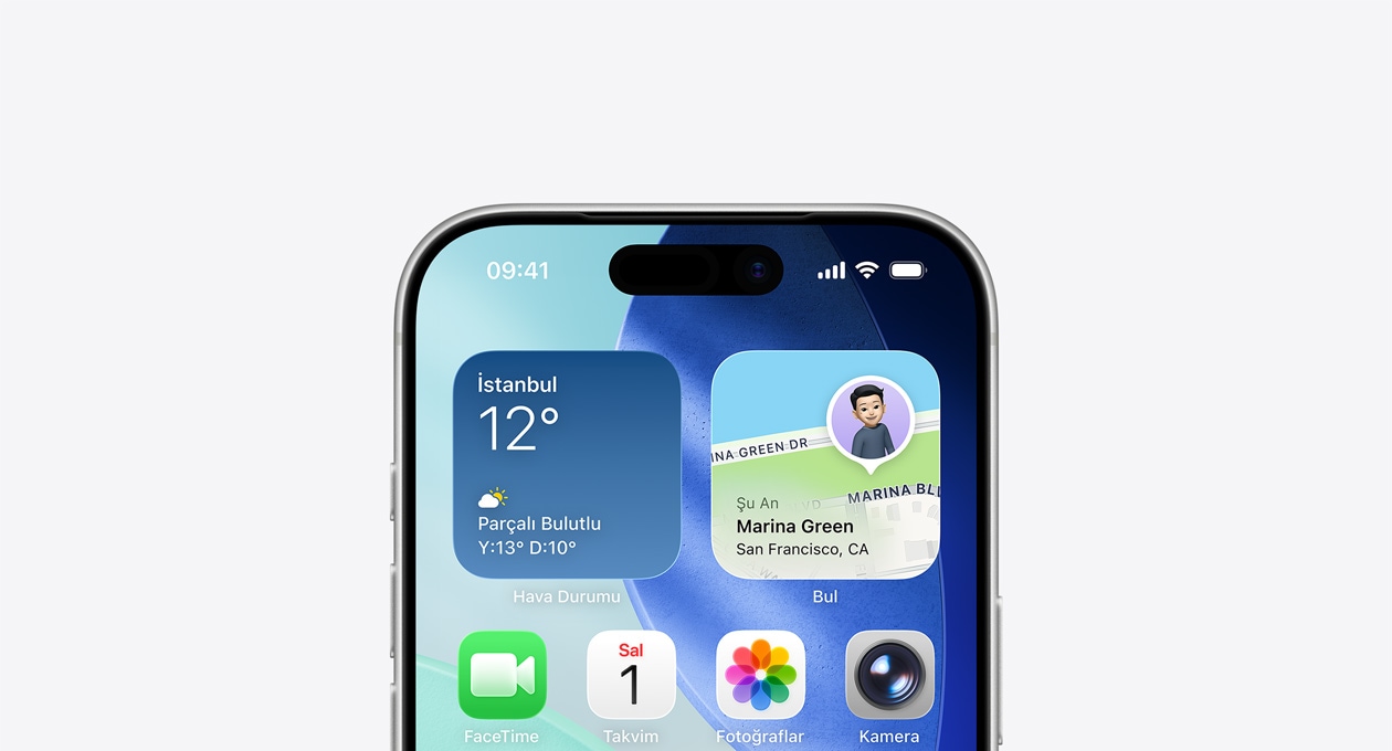 iPhone, üst kısmında Hava Durumu ve Bul araç takımlarının yer aldığı Ana Ekran görünüyor