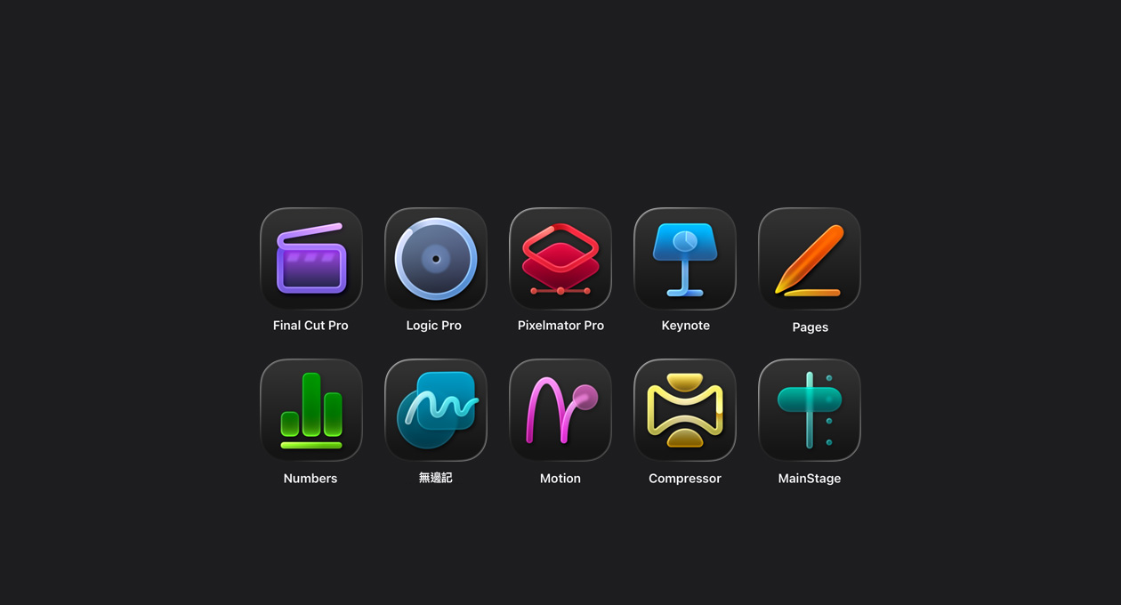 各種 Apple Creator Studio app 圖像，包括 Final Cut Pro、Logic Pro、Pixelmator Pro、Keynote、Pages、Numbers、無邊記、Motion、Compressor、MainStage