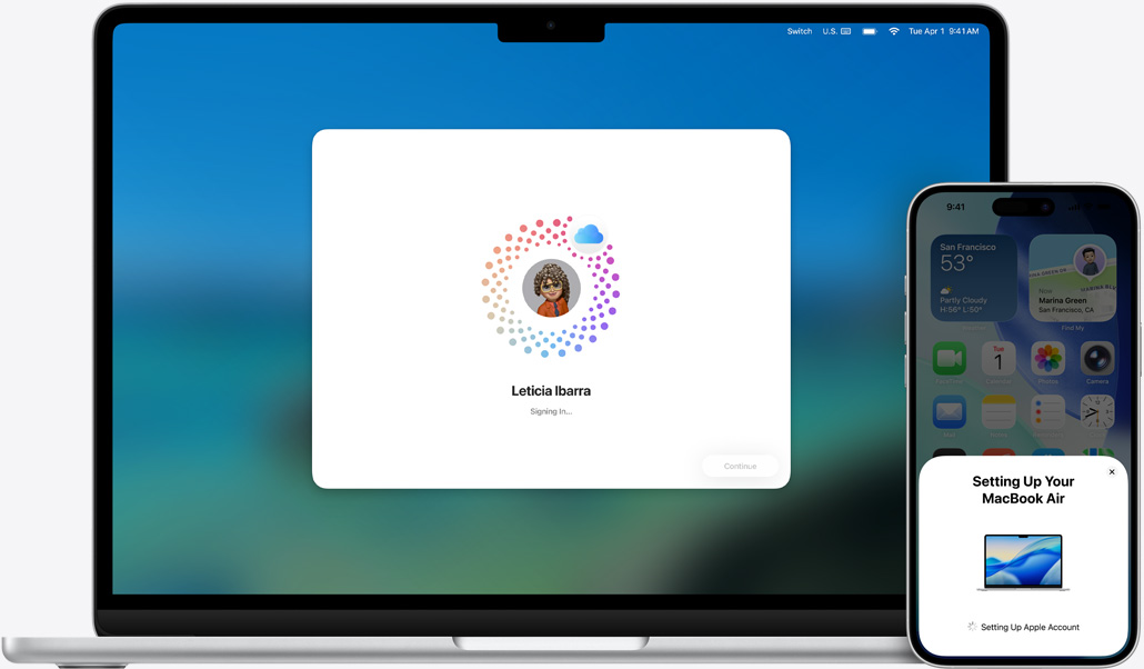 13 吋 MacBook Air 與 iPhone 16 Plus，MacBook 正在安裝 macOS，iPhone 則顯示設定提示
