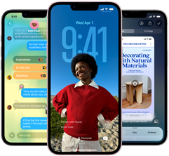 На трьох пристроях iPhone 17e відображається додаток «Повідомлення» з дизайном Liquid Glass, динамічним замкненим екраном та візуальним інтелектом