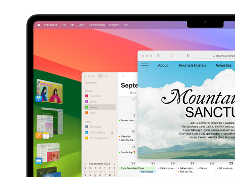  Ekran wyświetlający wiele okien i aplikacji, w tym Keynote, Pages, Mail i stronę internetową zawierającą treści o spokojnym sanktuarium.