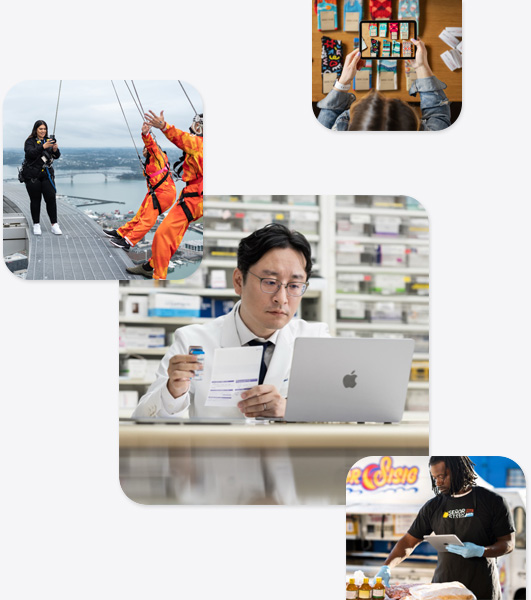 Verschillende ondernemers, waaronder een apotheker in een labjas die op een MacBook werkt, een bungeejump-instructeur die met een iPhone een foto maakt van twee mensen die op het punt staan om te gaan bungeejumpen, een man die een iPad vasthoudt terwijl hij met etenswaren werkt en een vrouw die met een iPad een foto maakt van sokken die op een tafel uitgestald liggen.