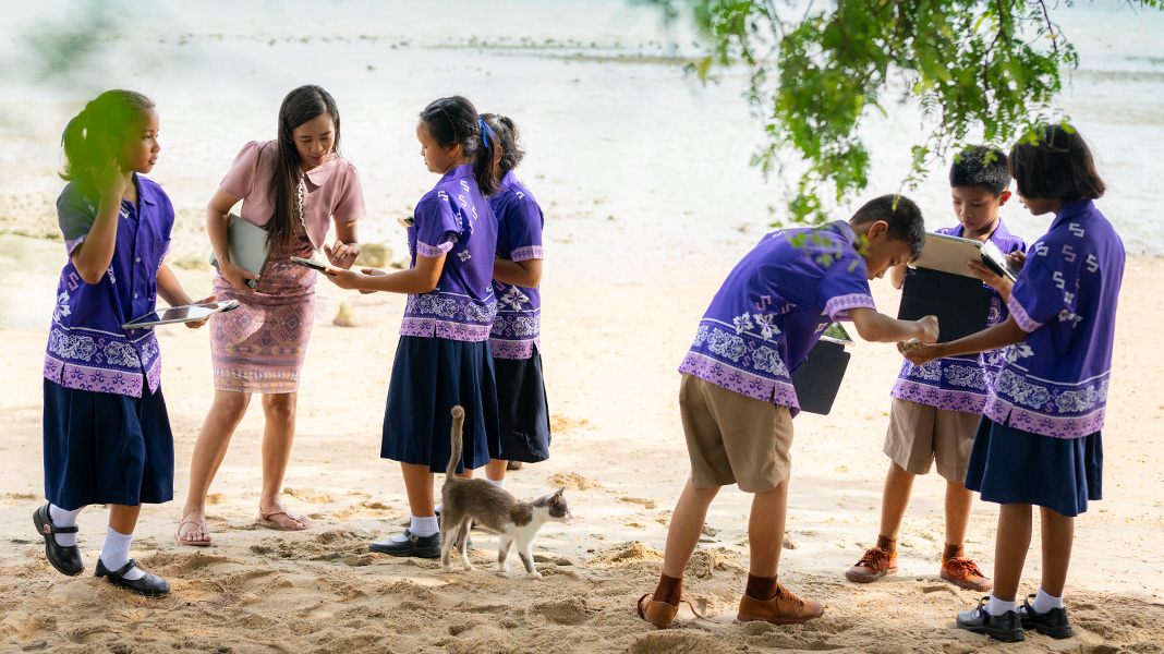 Seis estudiantes de enseñanza básica con uniformes coloridos en tono morado están en una playa con unos iPad en la mano. Una profesora ayuda a una alumna con un iPad, y un gato pasa entre ellas.