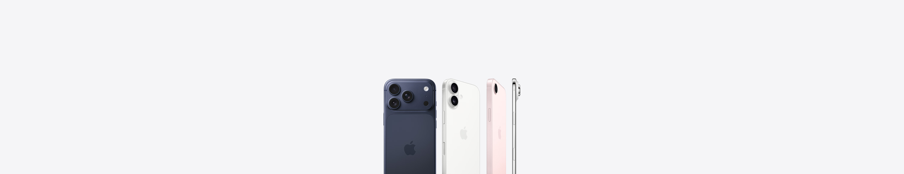 iPhone 17 Pro, back exterior, deep blue colour, Pro Fusion camera system in top left corner, Apple logo in centre, iPhone 17, back exterior, white colour, Dual Fusion camera system in top left corner, Apple logo in center, iPhone 17e, back exterior, soft pink colour, Fusion camera system in top left corner, Apple logo in centre, iPhone Air, side, titanium frame profile, Fusion camera system in top left corner