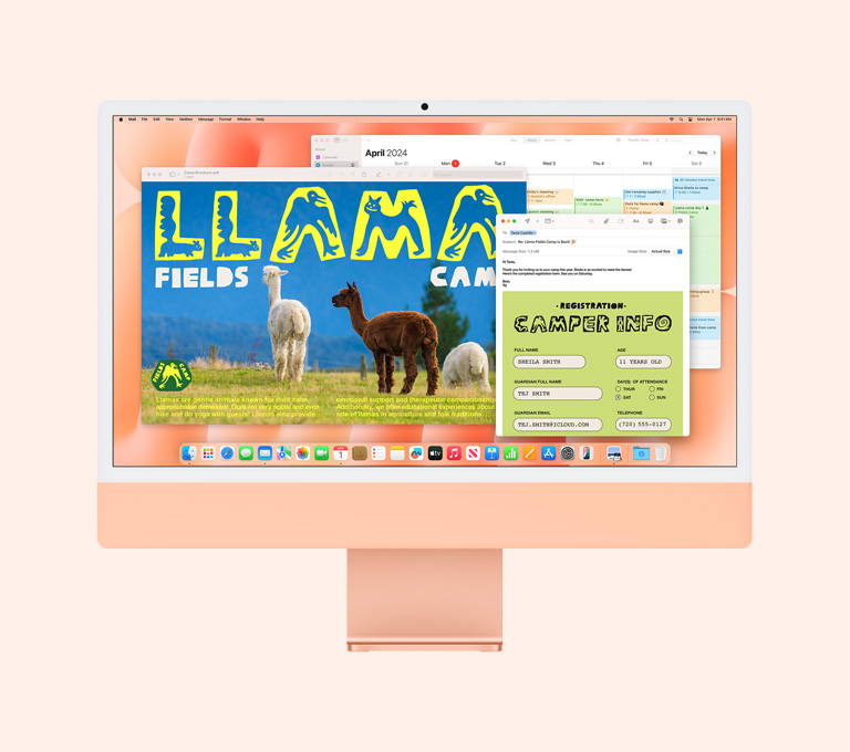 Orange iMac: Screen shows Preview, Mail and Calendar apps in use.