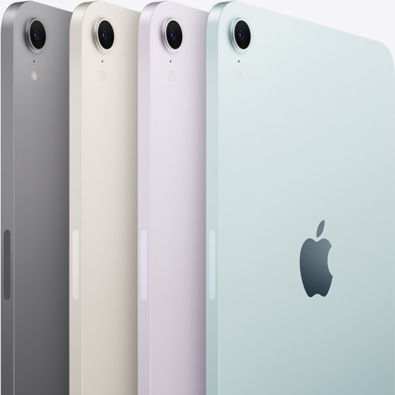 Vista traseira e câmara de quatro modelos de iPad mini apresentados nas cores disponíveis: cinzento sideral, luz das estrelas, roxo e azul.