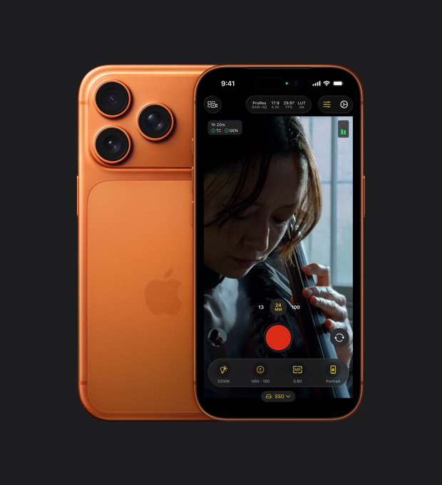 Obrazovka iPhonu 17 Pro zobrazující natáčení videa ve formátu ProRes RAW s ženou hrající na cello