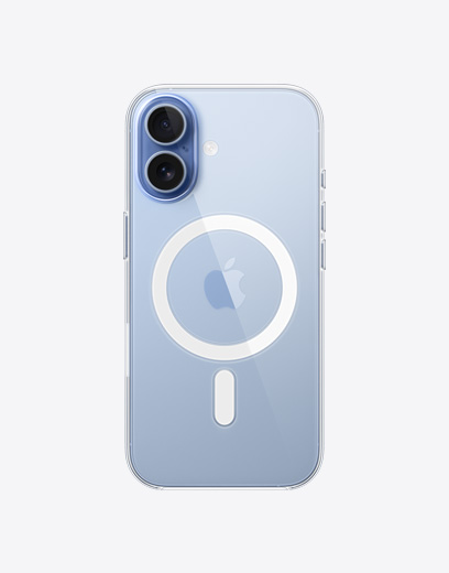 iPhone 17 vist bagfra med gennemsigtigt etui med MagSafe og Fusion-dobbeltkamerasystem i øverste venstre hjørne