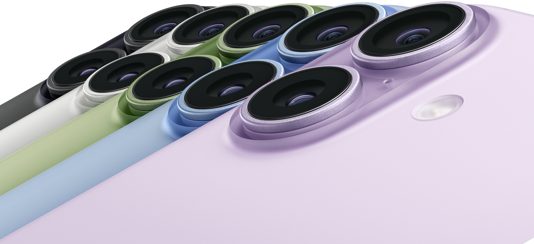Fem iPhone 17-enheder i farverne sort, hvid, salviegrøn, støvet lyseblå og lavendel vist bagfra med Fusion-dobbeltkamerasystem i øverste venstre hjørne
