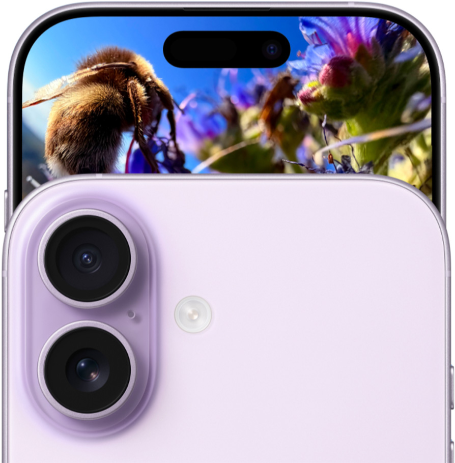 iPhone 17 i farven lavendel vist forfra med Fusion-dobbeltkamerasystem og vist bagfra.