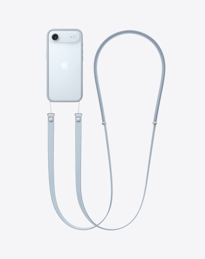 iPhone Air, parte posterior, con bumper gris claro y correa cruzada