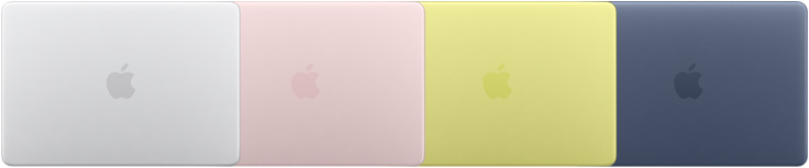Vue extérieure de quatre modèles de MacBook Neo montrant quatre finitions différentes