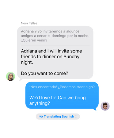 Traduction en direct dans Messages affichant le texte suivant : Adriana and I will invite some friends to dinner on Sunday night. Do you want to come, traduit automatiquement en espagnol