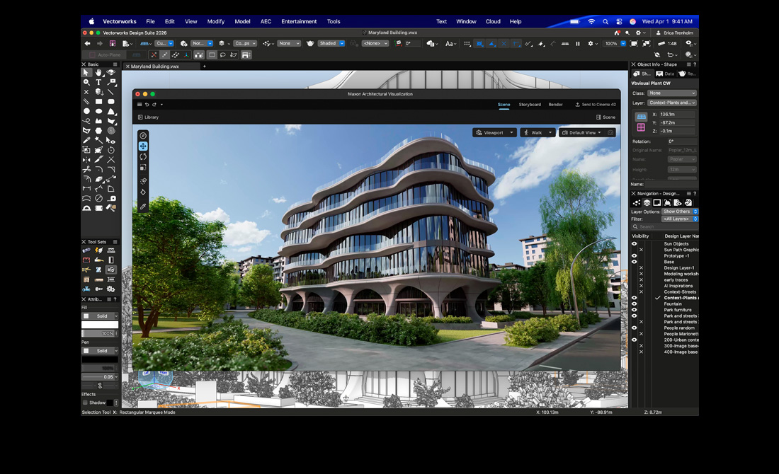 Écran d’un MacBook Pro affichant Vectorworks Design Suite avec Maxon Redshift
